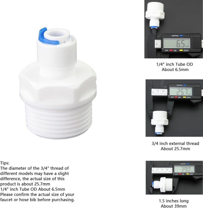 AimatRun 3/4 "internal and external threads to 1/4" outer diameter push in quick connect, reverse osmosis water filter hose double joint, pre purifier, water purifier, FNPT internal thread plastic adapter - Image 4